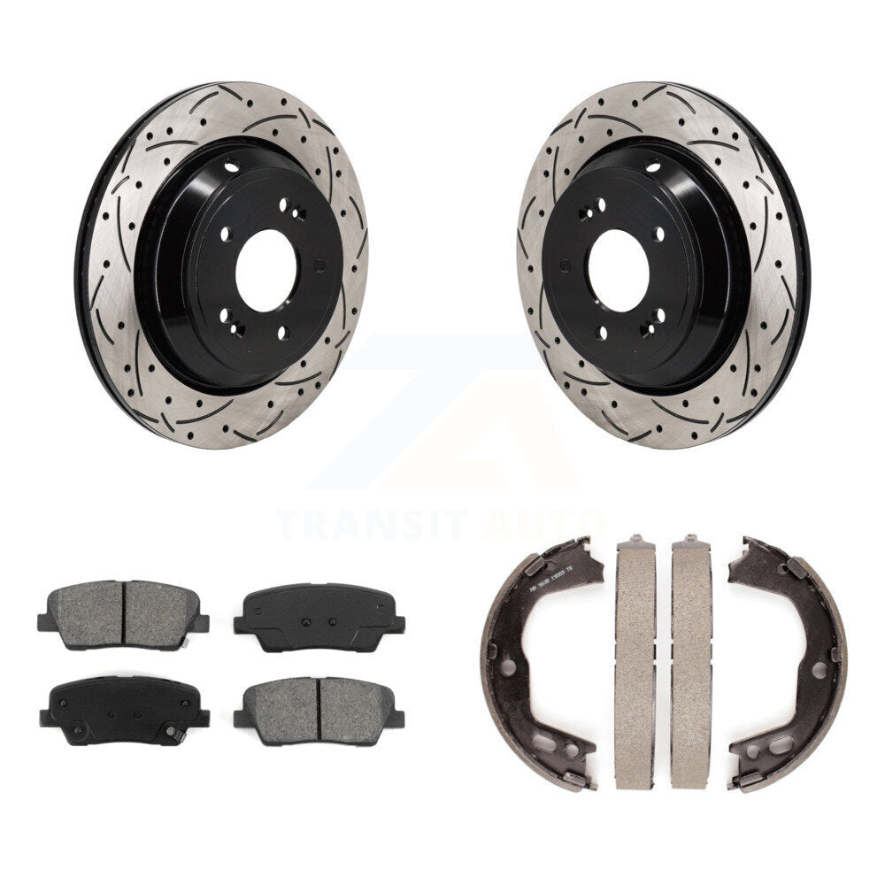 Rear Disc Drilled & Slotted Rotors Semi-Metallic Pads Parking Shoes Kit For Hyundai Equus KDS-101272