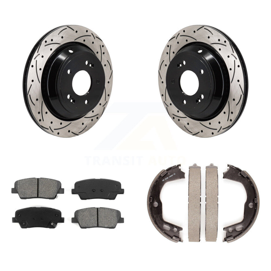 Rear Disc Drilled & Slotted Rotors Semi-Metallic Pads Parking Shoes Kit For Hyundai Equus KDS-101272