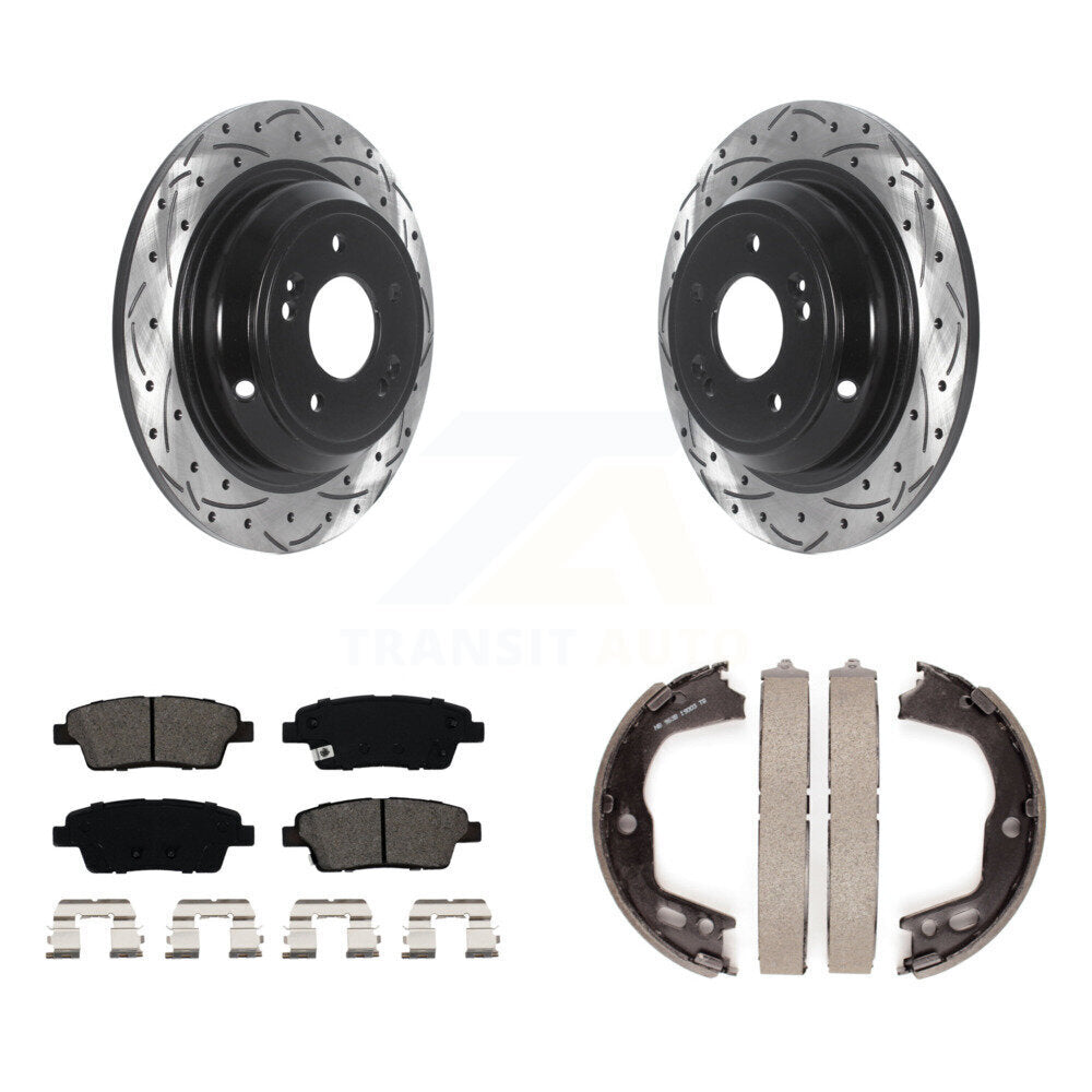 Rear Disc Drilled & Slotted Rotors Semi-Metallic Pads And Parking Brake Shoes Kit For KDS-101273