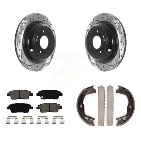 Rear Disc Drilled & Slotted Rotors Semi-Metallic Pads And Parking Brake Shoes Kit For KDS-101273