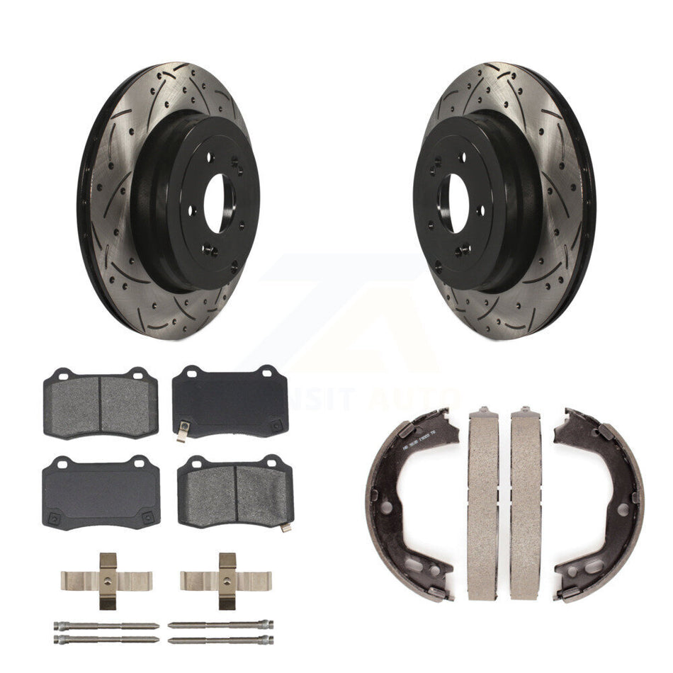 Rear Disc Drilled & Slotted Rotors Semi-Metallic Pads And Parking Brake Shoes Kit For KDS-101274