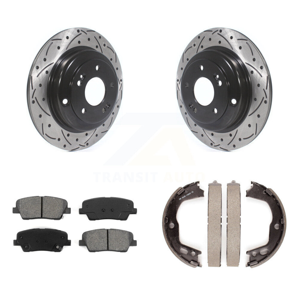Rear Disc Drilled & Slotted Rotors Semi-Metallic Pads And Parking Brake Shoes Kit For KDS-101275