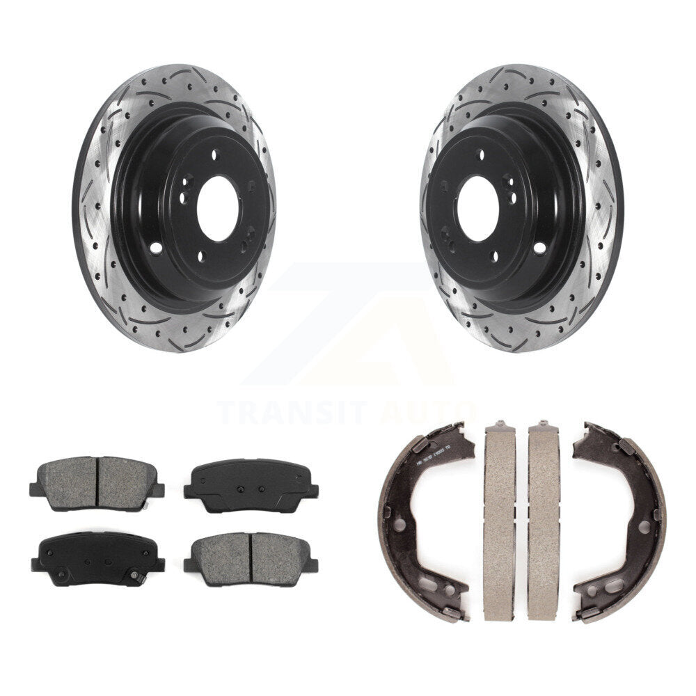 Rear Disc Drilled & Slotted Rotors Semi-Metallic Pads And Parking Brake Shoes Kit For KDS-101276