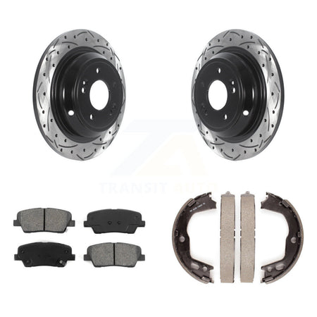 Rear Disc Drilled & Slotted Rotors Semi-Metallic Pads And Parking Brake Shoes Kit For KDS-101276