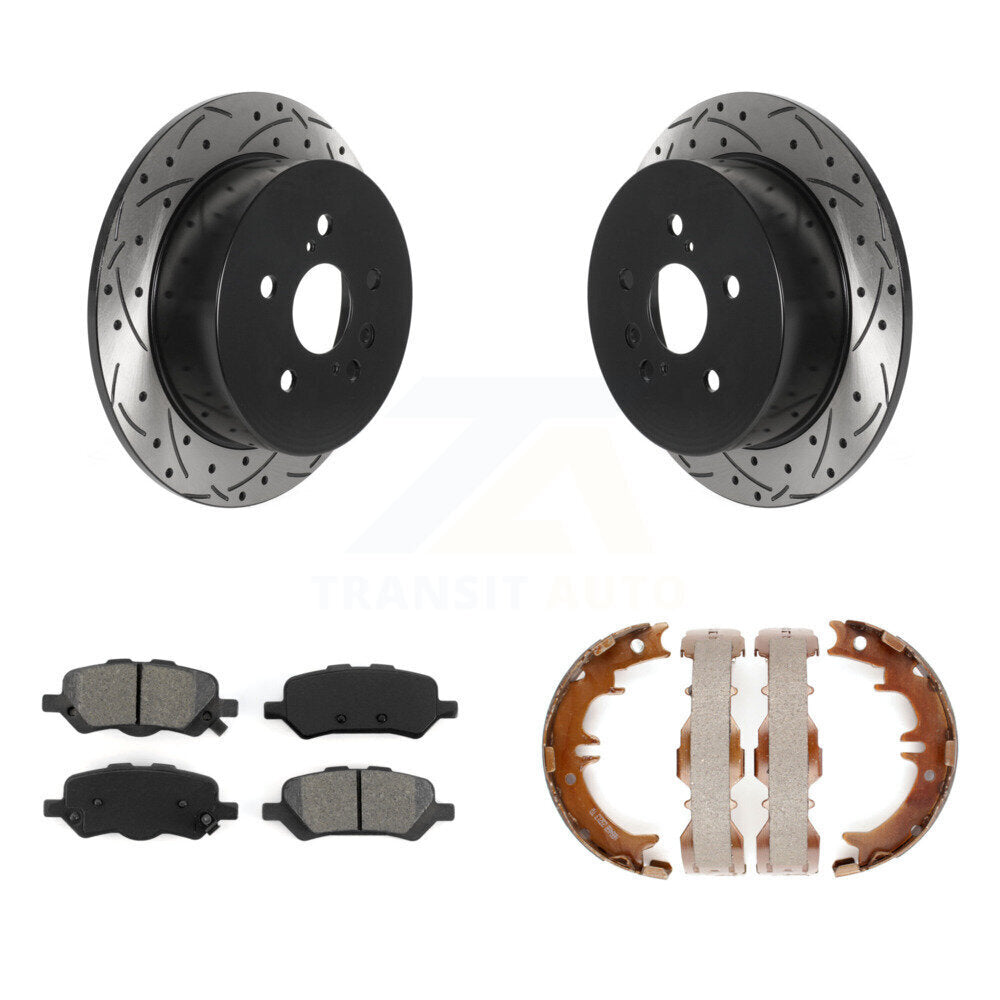 Rear Disc Drilled & Slotted Rotors Semi-Metallic Pads Parking Shoes Kit For Toyota Venza KDS-101277