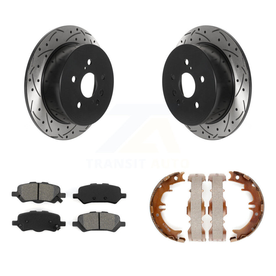 Rear Disc Drilled & Slotted Rotors Semi-Metallic Pads Parking Shoes Kit For Toyota Venza KDS-101277