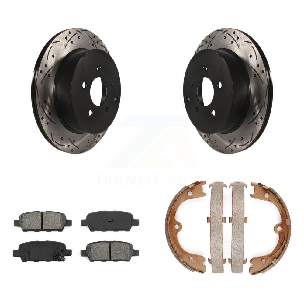 Rear Disc Drilled & Slotted Rotors Semi-Metallic Pads Parking Shoes Kit For INFINITI FX35 KDS-101278