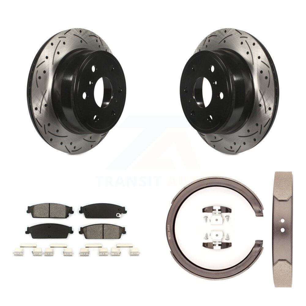 Rear Disc Drilled & Slotted Rotors Semi-Metallic Pads Parking Shoes Kit For Chevrolet GMC KDS-101279