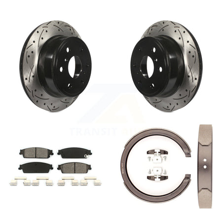 Rear Disc Drilled & Slotted Rotors Semi-Metallic Pads Parking Shoes Kit For Chevrolet GMC KDS-101279