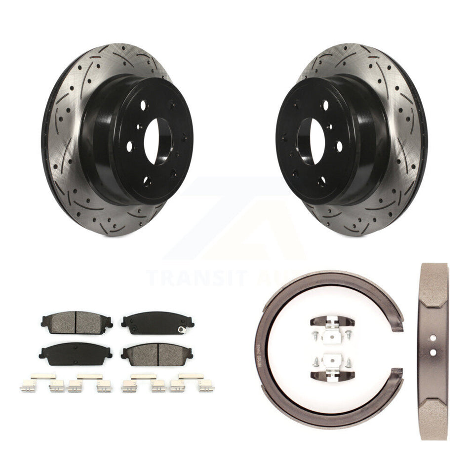 Rear Disc Drilled & Slotted Rotors Semi-Metallic Pads Parking Shoes Kit For Chevrolet GMC KDS-101279