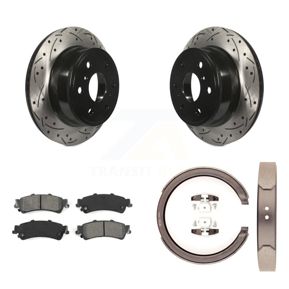Rear Disc Drilled & Slotted Rotors Semi-Metallic Pads And Parking Brake Shoes Kit For KDS-101280