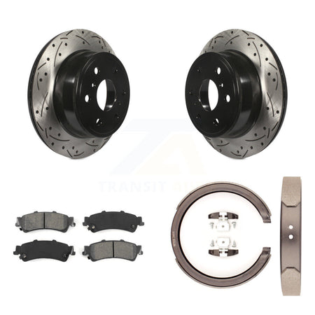 Rear Disc Drilled & Slotted Rotors Semi-Metallic Pads And Parking Brake Shoes Kit For KDS-101280