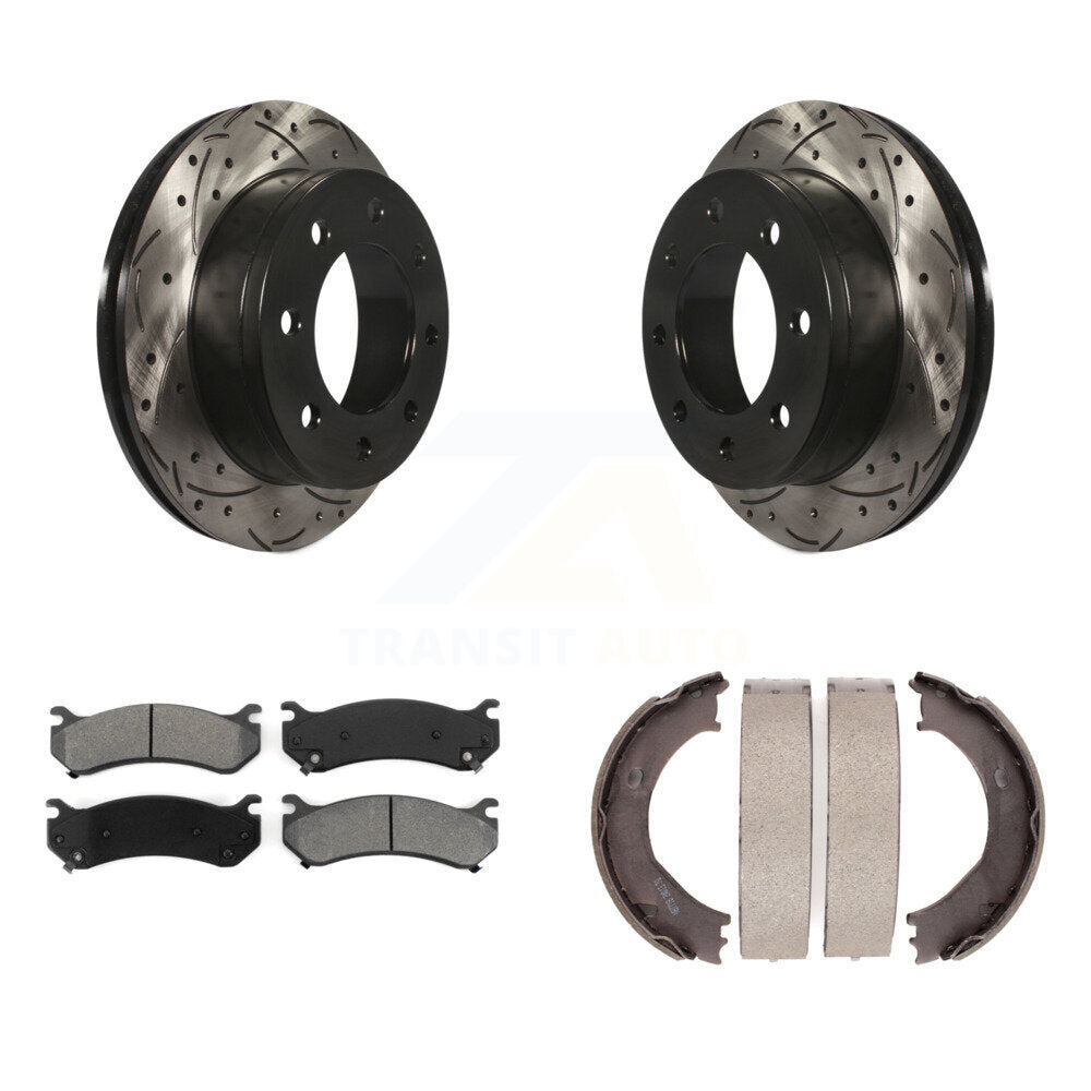 Rear Disc Drilled & Slotted Rotors Semi-Metallic Pads Parking Shoes Kit For Chevrolet HD KDS-101281