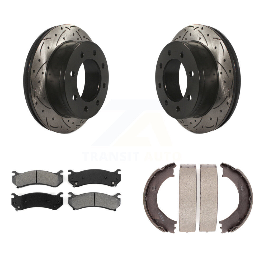 Rear Disc Drilled & Slotted Rotors Semi-Metallic Pads Parking Shoes Kit For Chevrolet GMC KDS-101282
