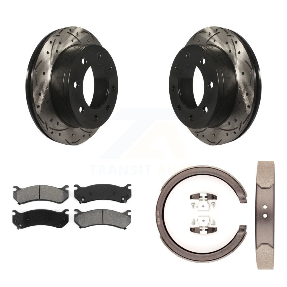 Rear Disc Drilled & Slotted Rotors Semi-Metallic Pads Parking Shoes Kit For GMC Chevrolet KDS-101283
