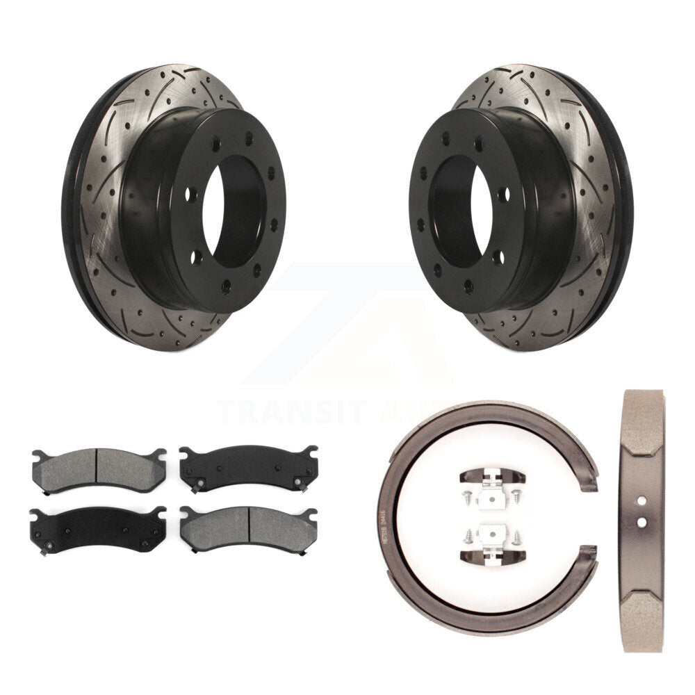 Rear Disc Drilled & Slotted Rotors Semi-Metallic Pads Parking Shoes Kit For GMC Sierra XL KDS-101284