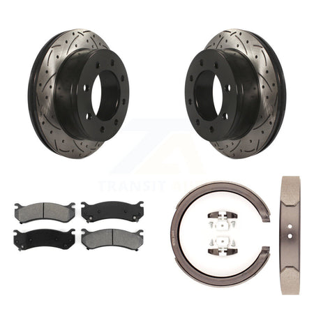 Rear Disc Drilled & Slotted Rotors Semi-Metallic Pads Parking Shoes Kit For GMC Sierra XL KDS-101284