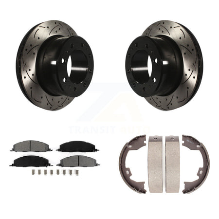 Rear Disc Drilled & Slotted Rotors Semi-Metallic Pads Parking Shoes Kit For Ram 3500 2500 KDS-101288