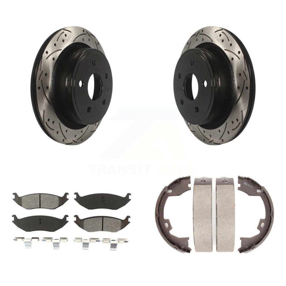 Rear Disc Drilled & Slotted Rotors Semi-Metallic Pads And Parking Brake Shoes Kit For KDS-101289