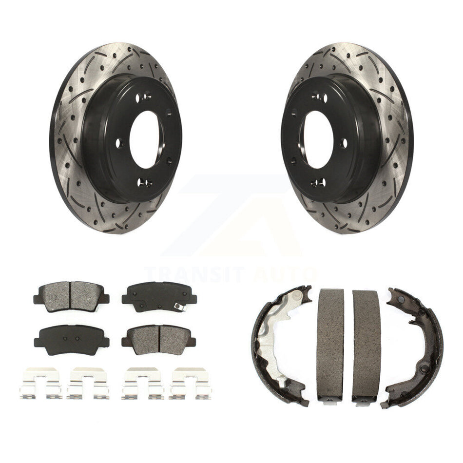 Rear Disc Drilled & Slotted Rotors Semi-Metallic Pads And Parking Shoes Kit For Kia Forte KDS-101290