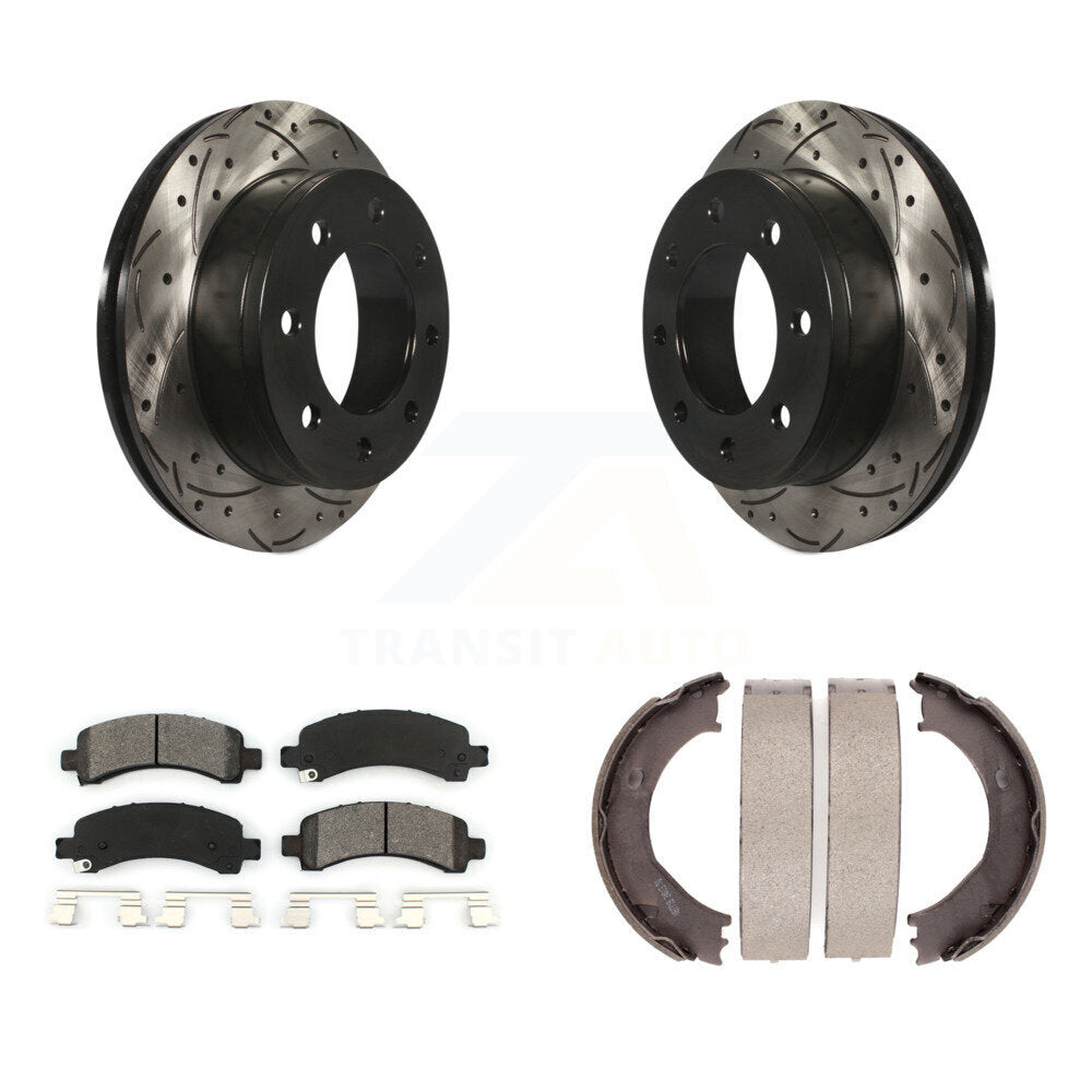 Rear Disc Drilled & Slotted Rotors Semi-Metallic Pads Parking Shoes Kit For Chevrolet GMC KDS-101291