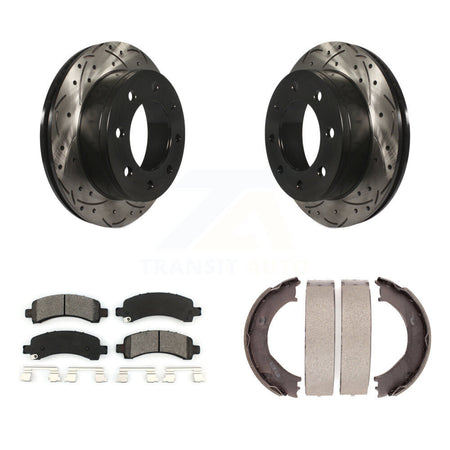 Rear Disc Drilled & Slotted Rotors Semi-Metallic Pads Parking Shoes Kit For Chevrolet GMC KDS-101291