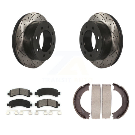 Rear Disc Drilled & Slotted Rotors Semi-Metallic Pads Parking Shoes Kit For Chevrolet GMC KDS-101292
