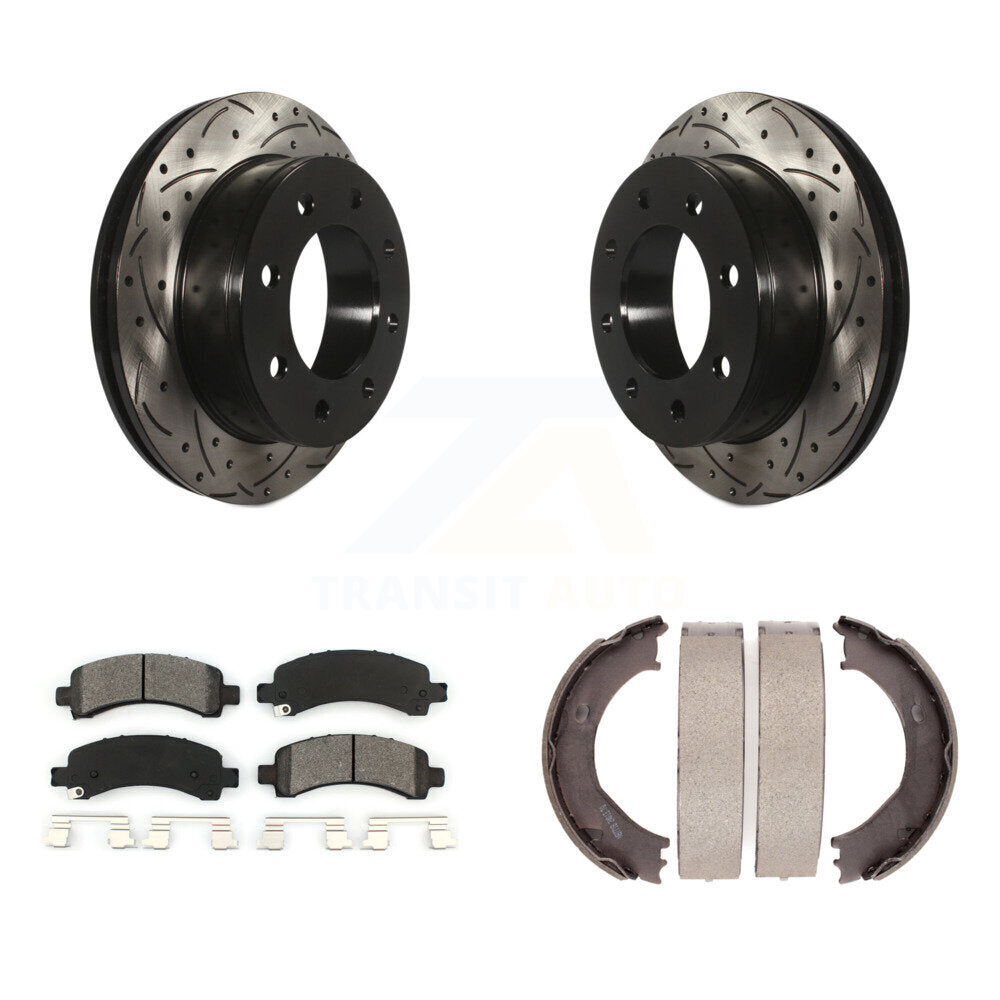 Rear Disc Drilled & Slotted Rotors Semi-Metallic Pads Parking Shoes Kit For Chevrolet GMC KDS-101293