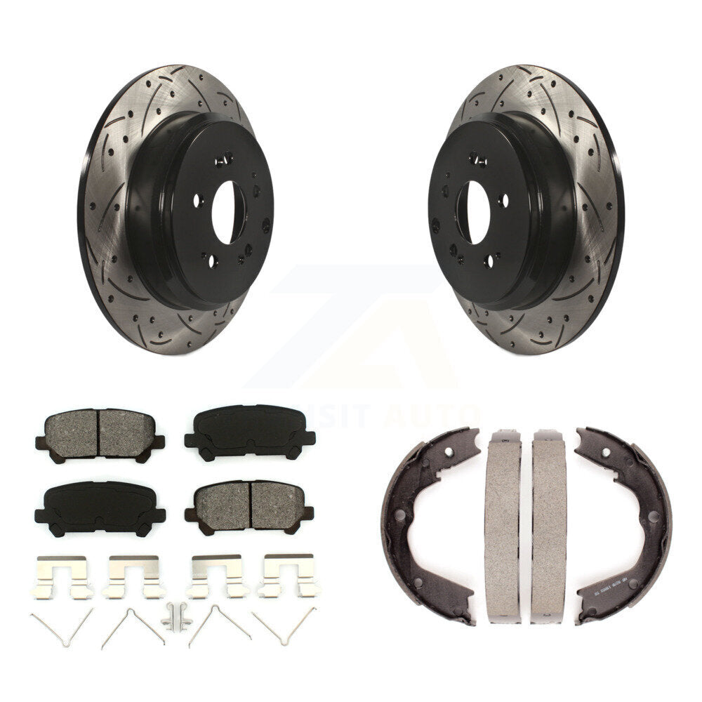 Rear Disc Drilled & Slotted Rotors Semi-Metallic Pads Parking Shoes Kit For Honda Pilot KDS-101303