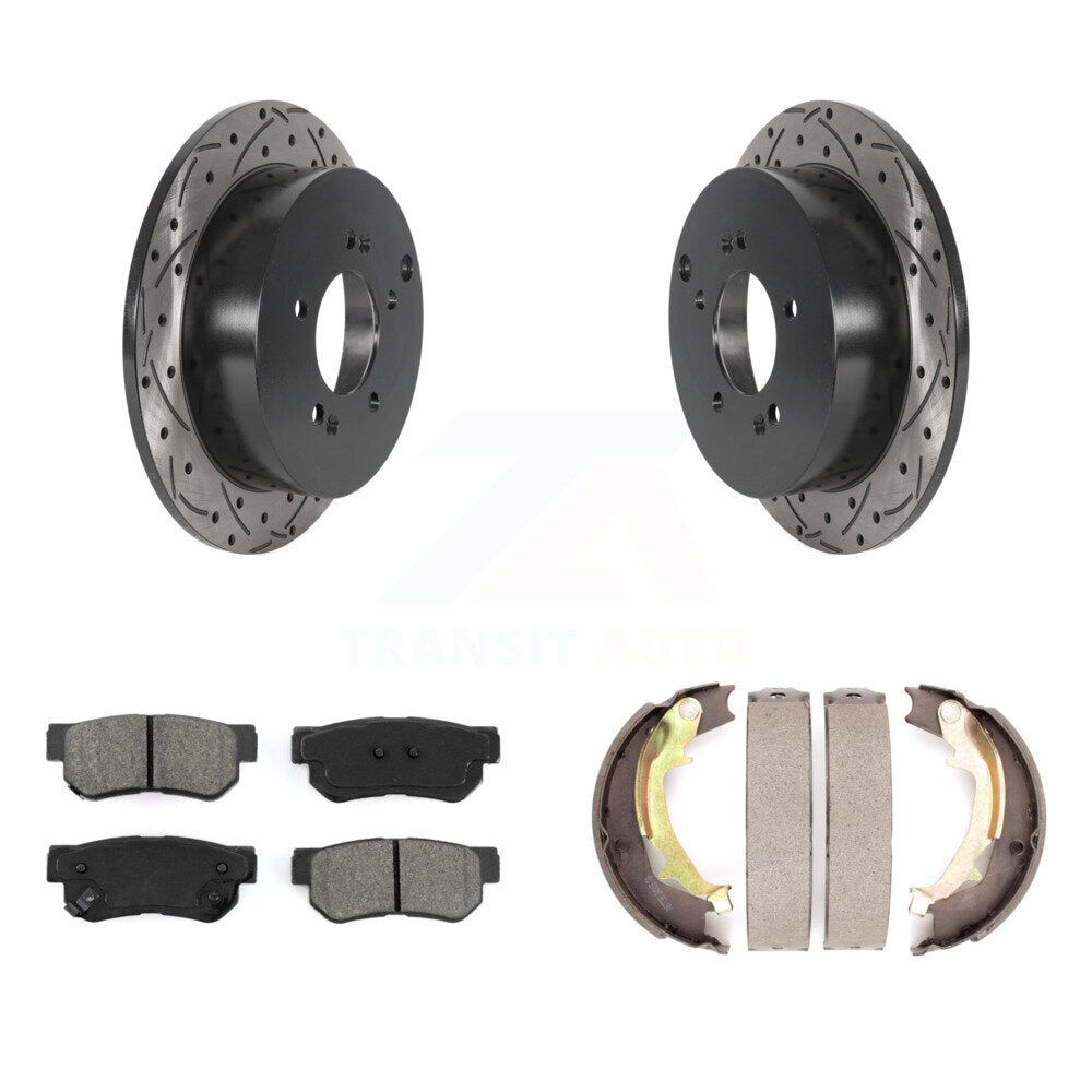 Rear Disc Drilled & Slotted Rotors Semi-Metallic Pads Parking Shoes Kit For Hyundai Kia KDS-101304