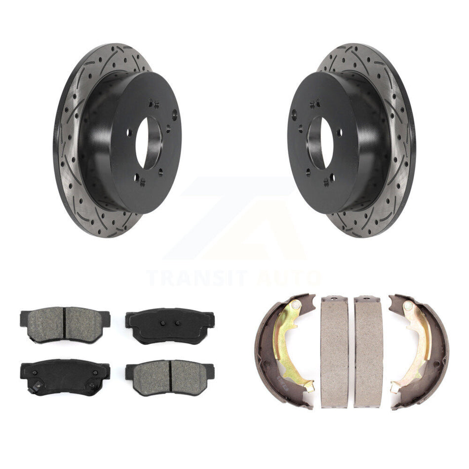 Rear Disc Drilled & Slotted Rotors Semi-Metallic Pads Parking Shoes Kit For Hyundai Kia KDS-101304