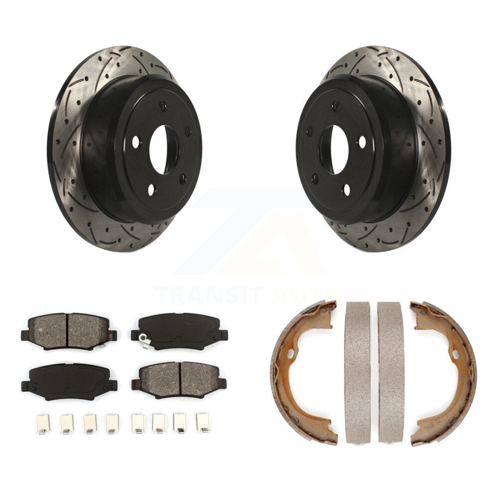 Rear Disc Drilled & Slotted Rotors Semi-Metallic Pads Parking Shoes Kit For Jeep Wrangler KDS-101307