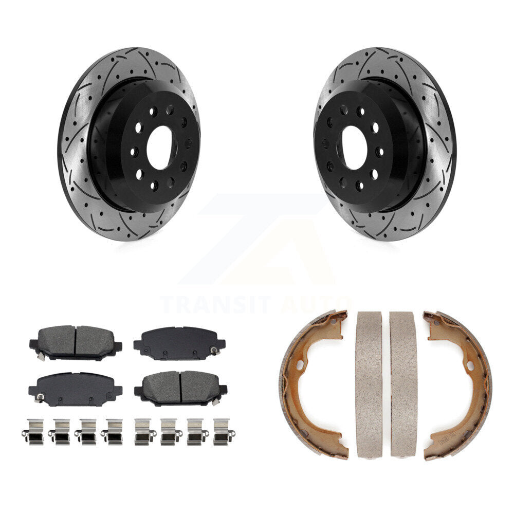 Rear Disc Drilled & Slotted Rotors Semi-Metallic Pads Parking Shoes Kit For Jeep Wrangler KDS-101308