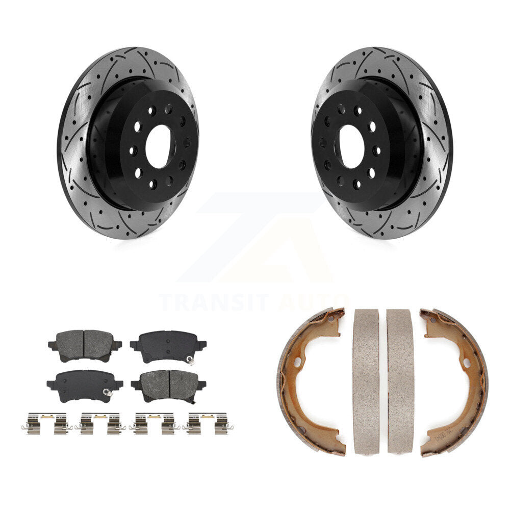 Rear Disc Drilled & Slotted Rotors Semi-Metallic Pads Parking Shoes Kit For Jeep Wrangler KDS-101310