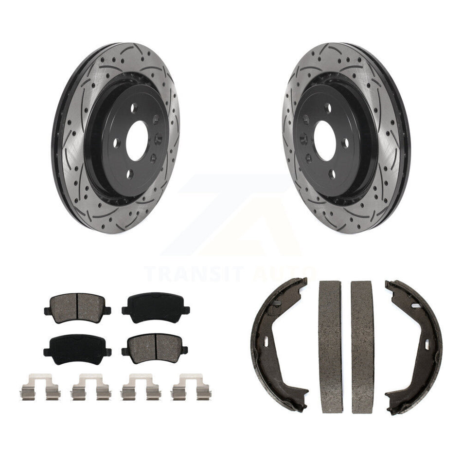 Rear Disc Drilled & Slotted Rotors Semi-Metallic Pads Parking Shoes Kit For Volvo S80 AWD KDS-101311