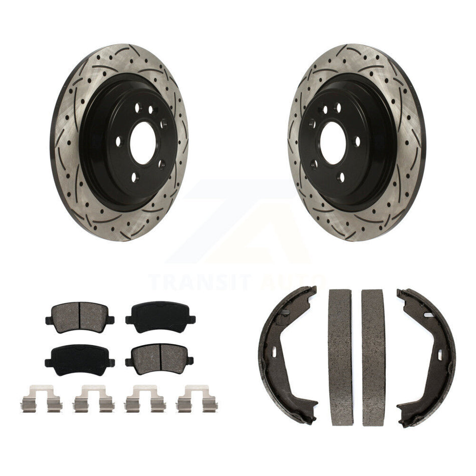 Rear Disc Drilled & Slotted Rotors Semi-Metallic Pads Parking Shoes Kit For Volvo S80 AWD KDS-101312