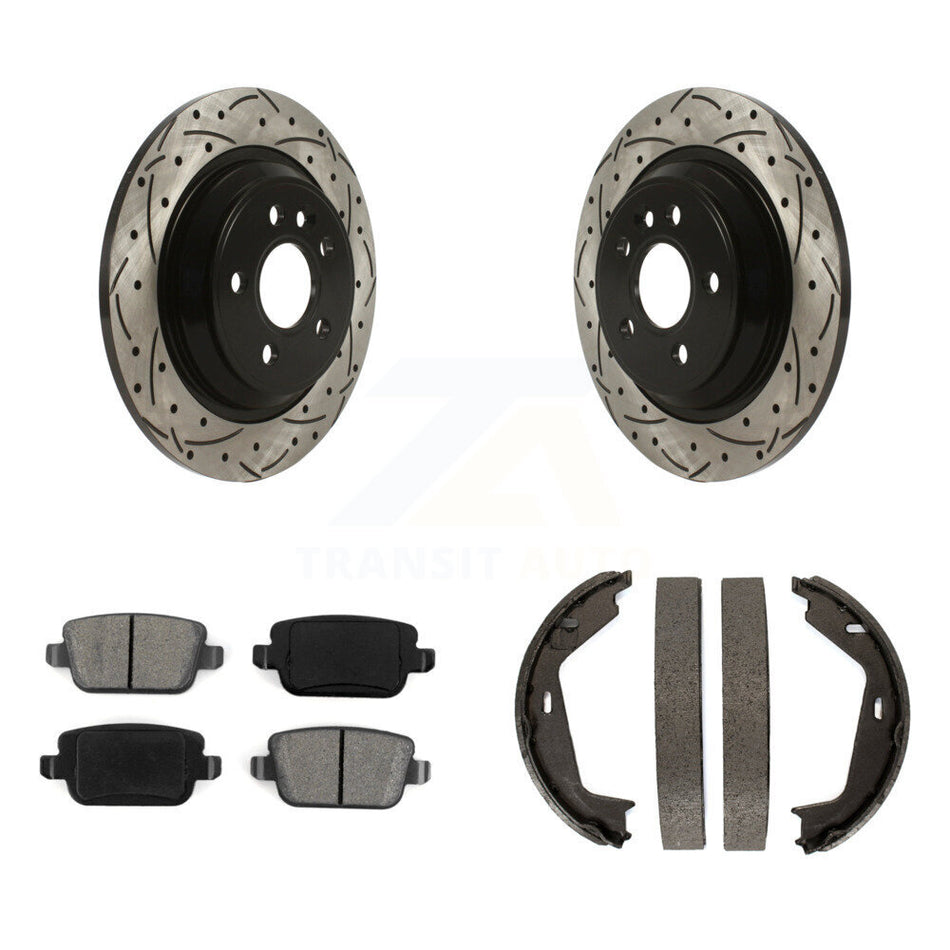 Rear Disc Drilled & Slotted Rotors Semi-Metallic Pads Parking Shoes Kit For Volvo S80 FWD KDS-101313