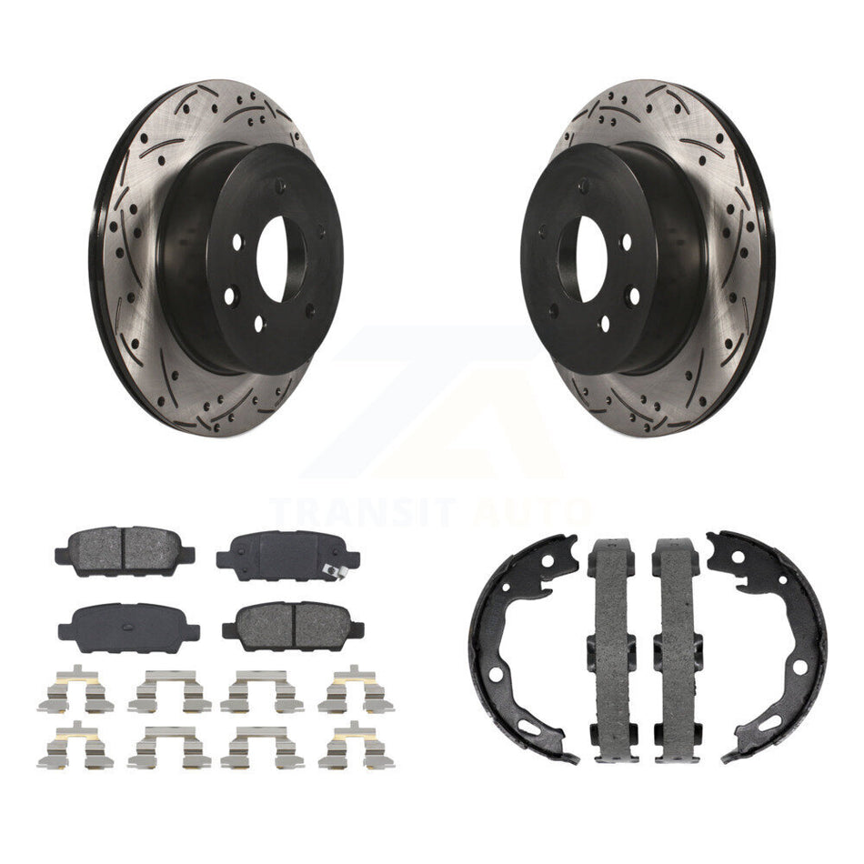 Rear Disc Drilled & Slotted Rotors Semi-Metallic Pads Parking Shoes Kit For Nissan Rogue KDS-101318