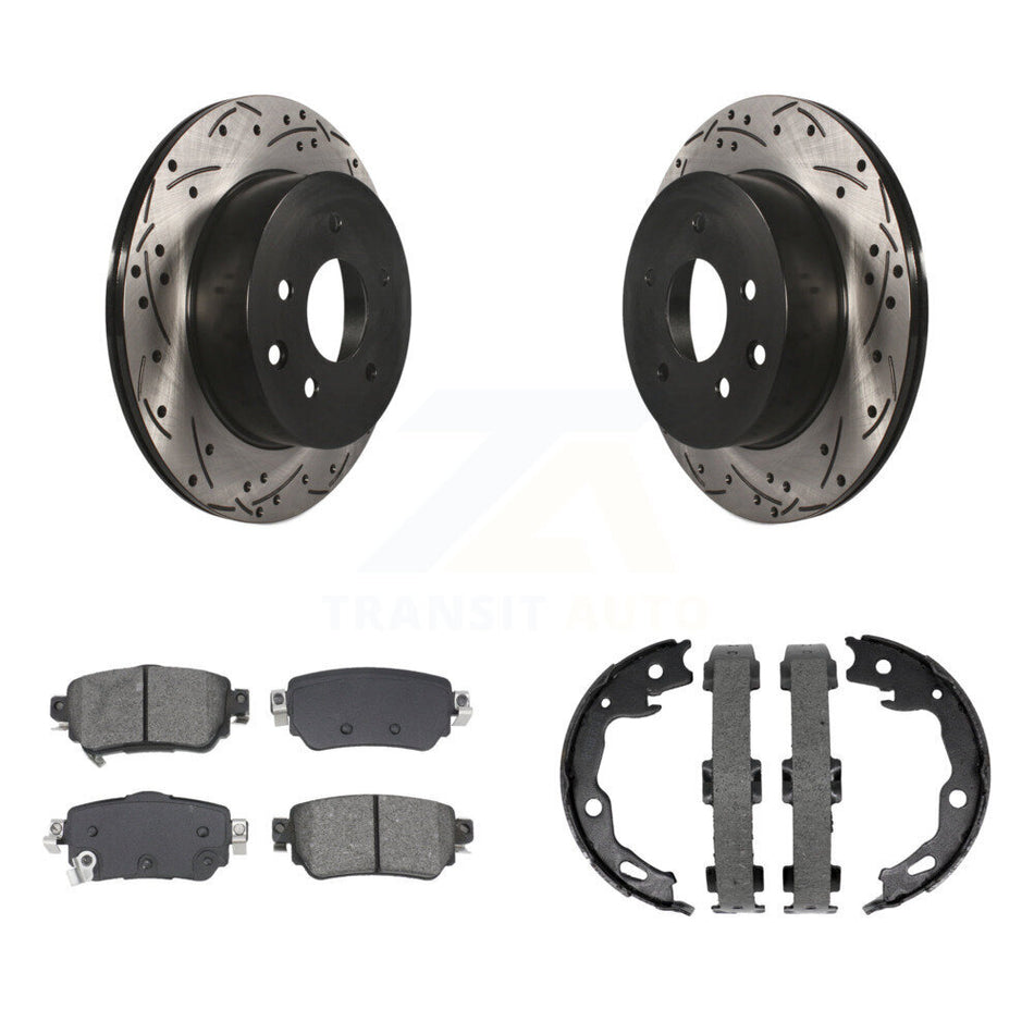 Rear Disc Drilled & Slotted Rotors Semi-Metallic Pads And Parking Brake Shoes Kit For KDS-101319