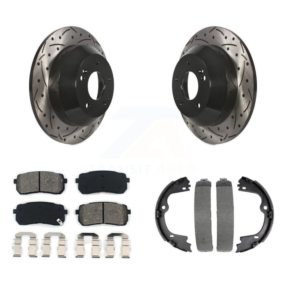 Rear Disc Drilled & Slotted Rotors Semi-Metallic Pads Parking Shoes Kit For Kia Sedona KDS-101320