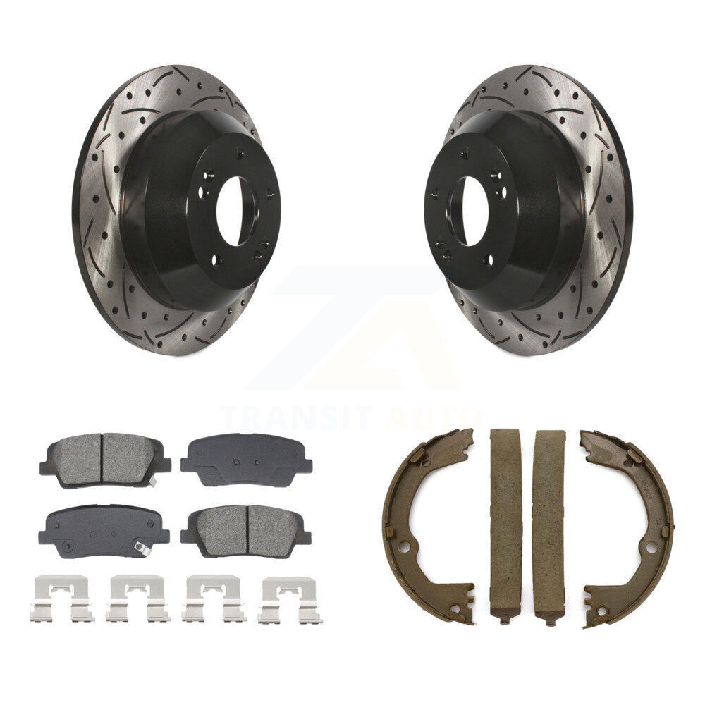 Rear Disc Drilled & Slotted Rotors Semi-Metallic Pads Parking Shoes Kit For Hyundai Santa KDS-101321