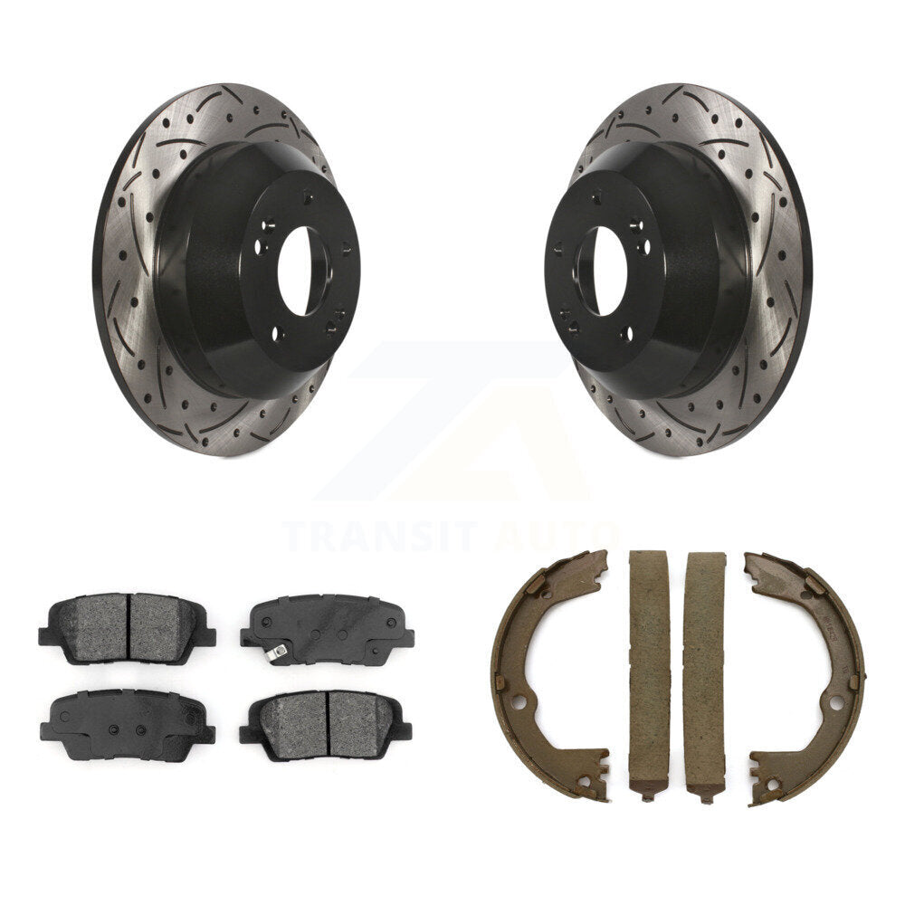 Rear Disc Drilled & Slotted Rotors Semi-Metallic Pads Parking Shoes Kit For Kia Sorento KDS-101322