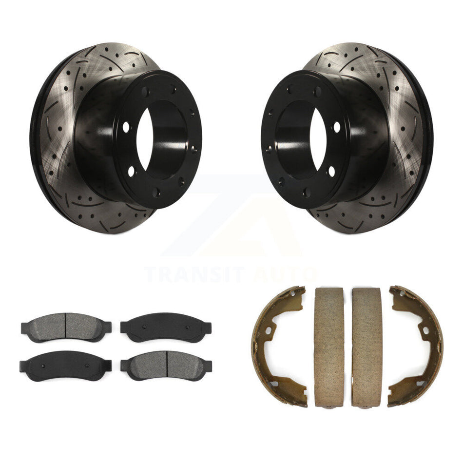 Rear Disc Drilled & Slotted Rotors Semi-Metallic Pads Parking Shoes Kit For Ford F-350 KDS-101326