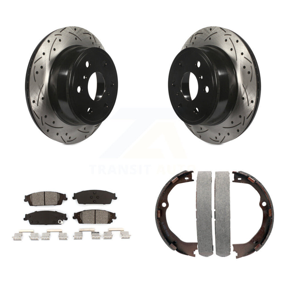 Rear Disc Drilled & Slotted Rotors Semi-Metallic Pads Parking Shoes Kit For GMC Chevrolet KDS-101329