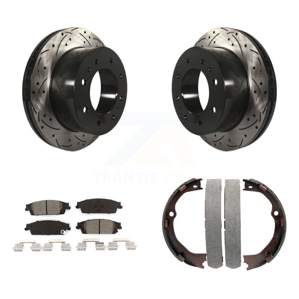 Rear Disc Drilled & Slotted Rotors Semi-Metallic Pads And Parking Brake Shoes Kit For KDS-101330