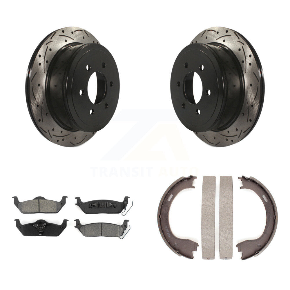 Rear Disc Drilled & Slotted Rotors Semi-Metallic Pads Parking Shoes Kit For Ford F-150 KDS-101333