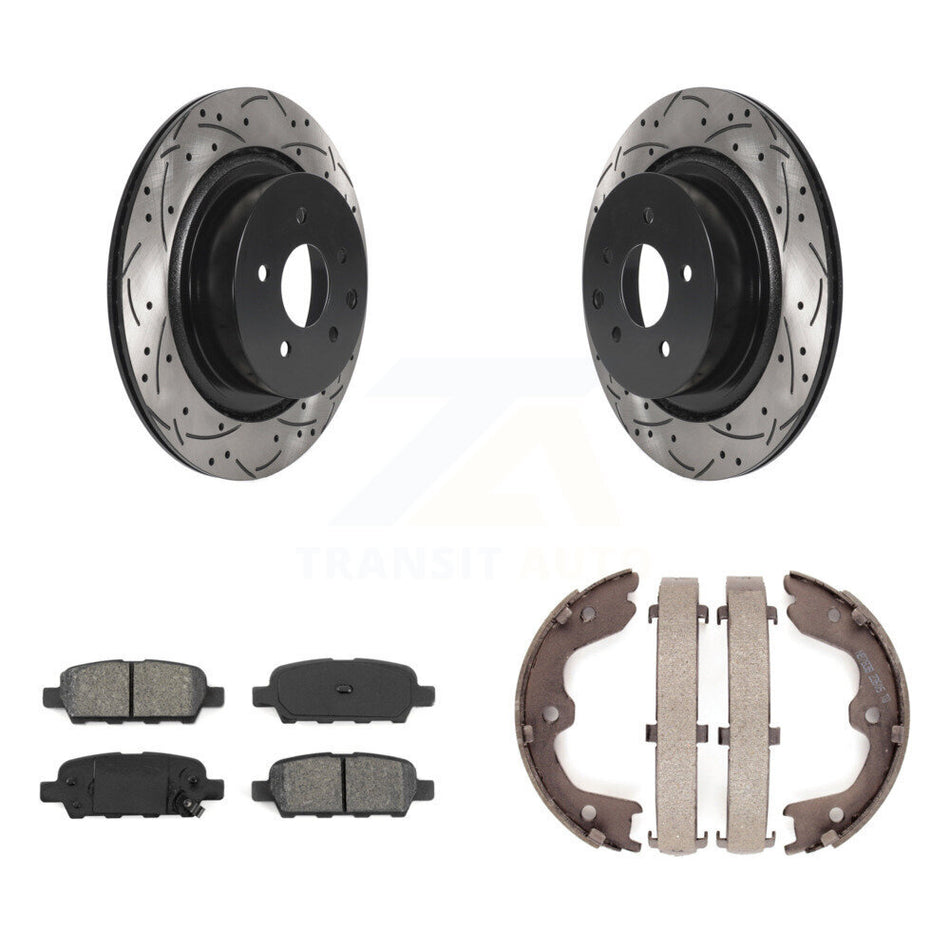 Rear Disc Drilled & Slotted Rotors Semi-Metallic Pads Parking Shoes Kit For INFINITI G35 KDS-101338