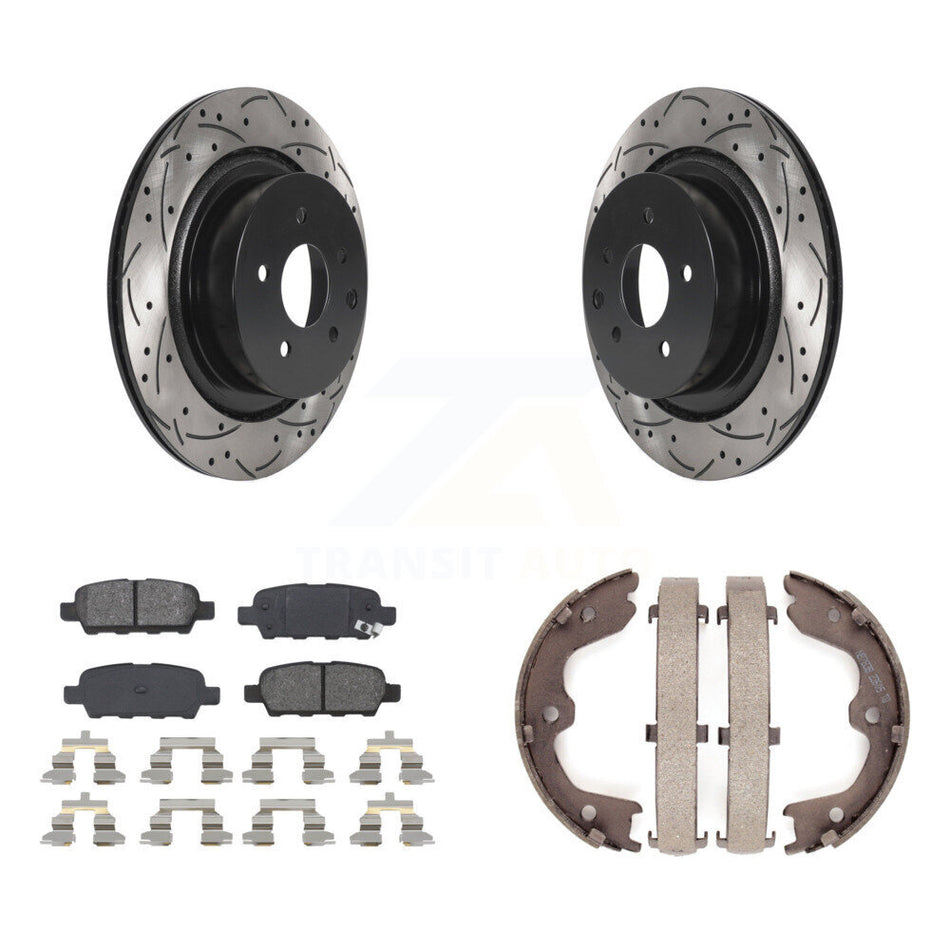 Rear Disc Drilled & Slotted Rotors Semi-Metallic Pads Parking Shoes Kit For INFINITI G35 KDS-101338