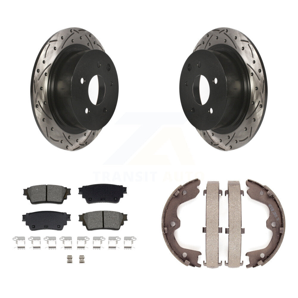 Rear Disc Drilled & Slotted Rotors Semi-Metallic Pads Parking Shoes Kit For Nissan Altima KDS-101342