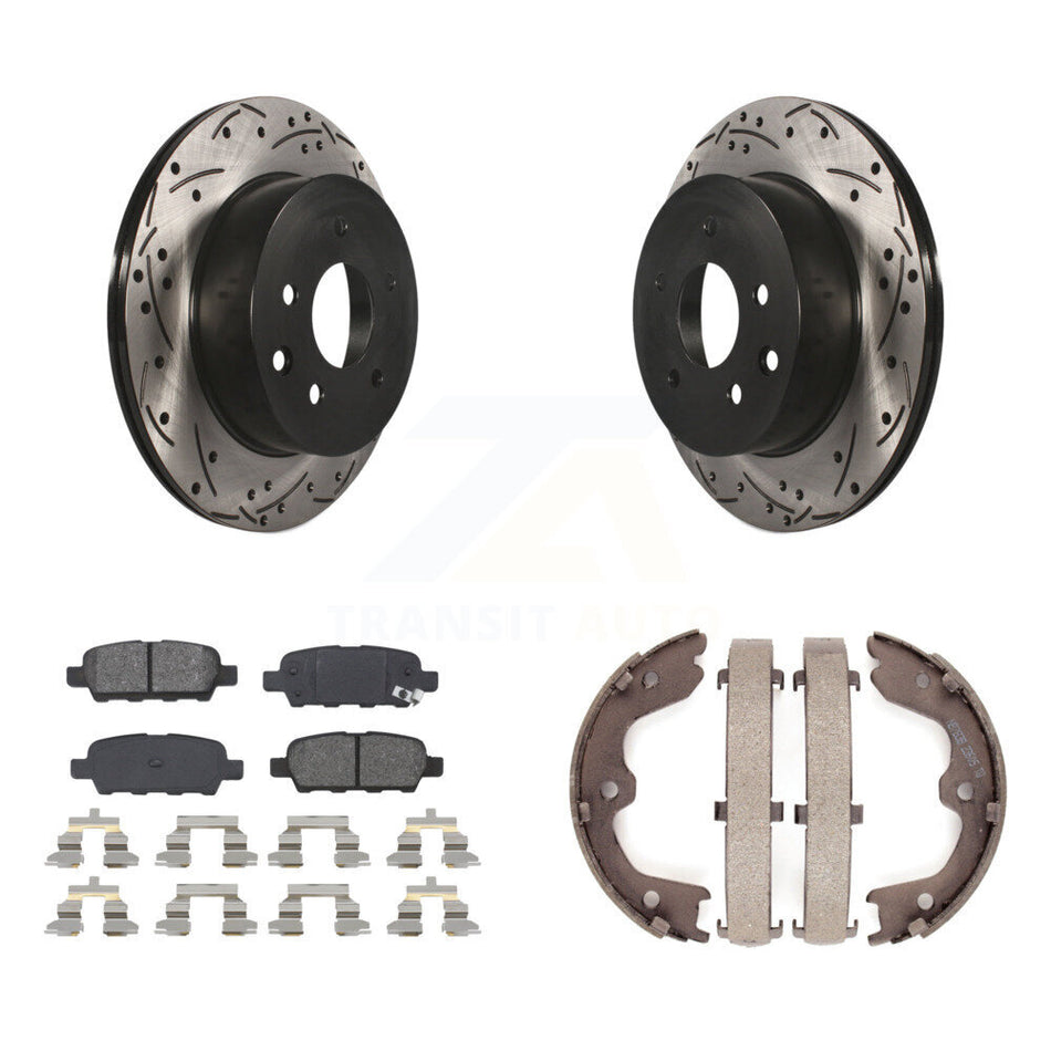 Rear Disc Drilled & Slotted Rotors Semi-Metallic Pads Parking Shoes Kit For INFINITI G35 KDS-101343